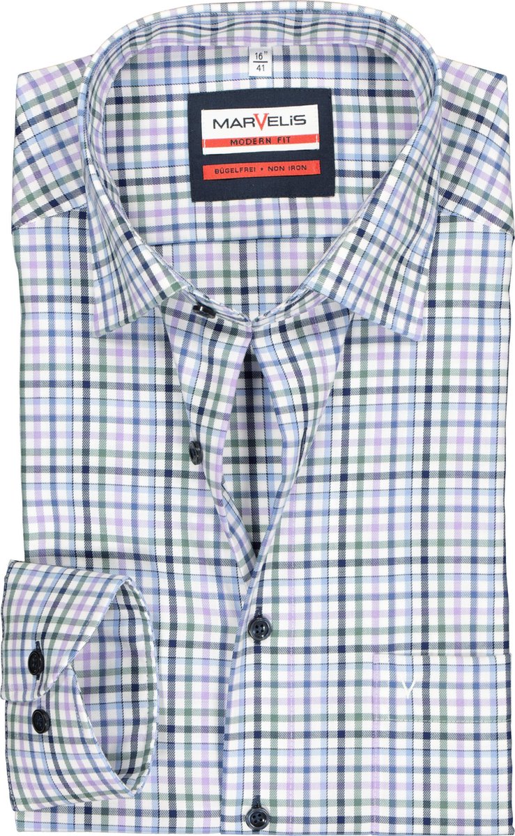 MARVELIS modern fit overhemd - wit met blauw - groen en lila geruit - Strijkvrij - Boordmaat: 42