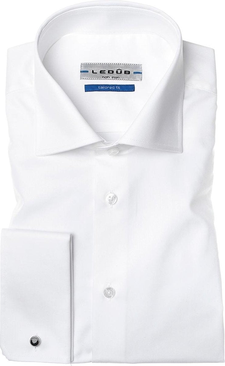 Ledeb Tailored Fit overhemd dubbele manchet - wit - Strijkvrij - Boordmaat: 48