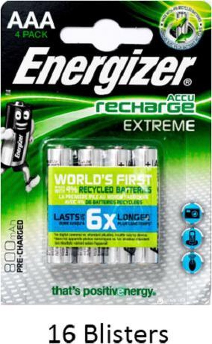 64 stuks (16 blisters a 4 stuks) Energizer Extreme AAA Oplaadbaar 800 mAh