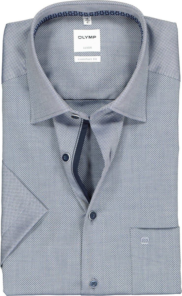 OLYMP Luxor Comfort Fit overhemd - korte mouw - marine blauw structuur (contrast) - Strijkvrij - Boordmaat: 49