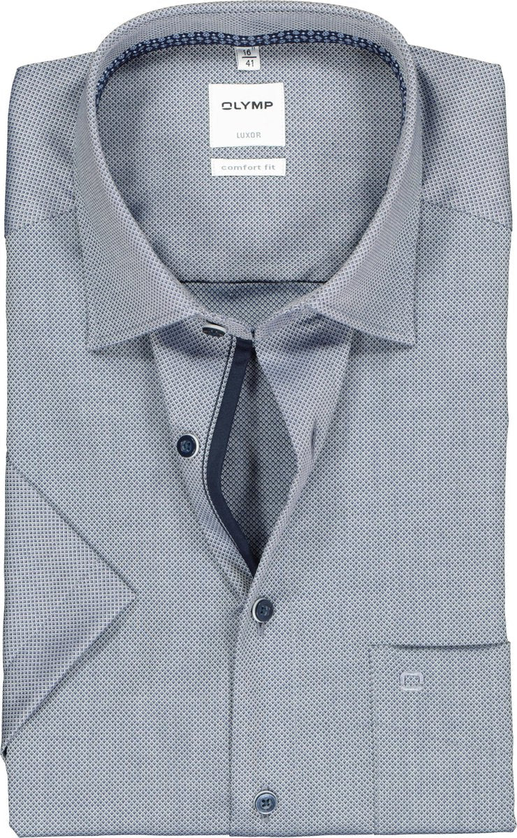 OLYMP Luxor Comfort Fit overhemd - korte mouw - marine blauw structuur (contrast) - Strijkvrij - Boordmaat: 50