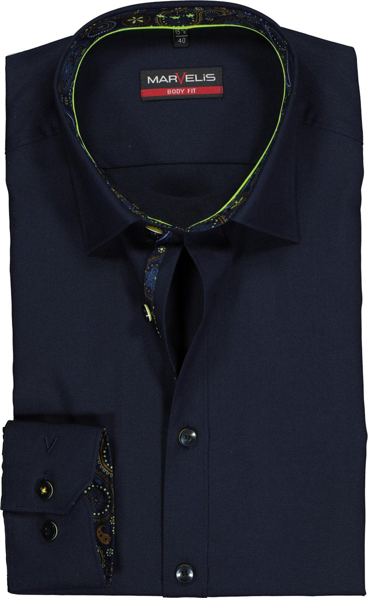 MARVELIS Body Fit overhemd - donkerblauw  (contrast) - Strijkvriendelijk - Boordmaat: 40