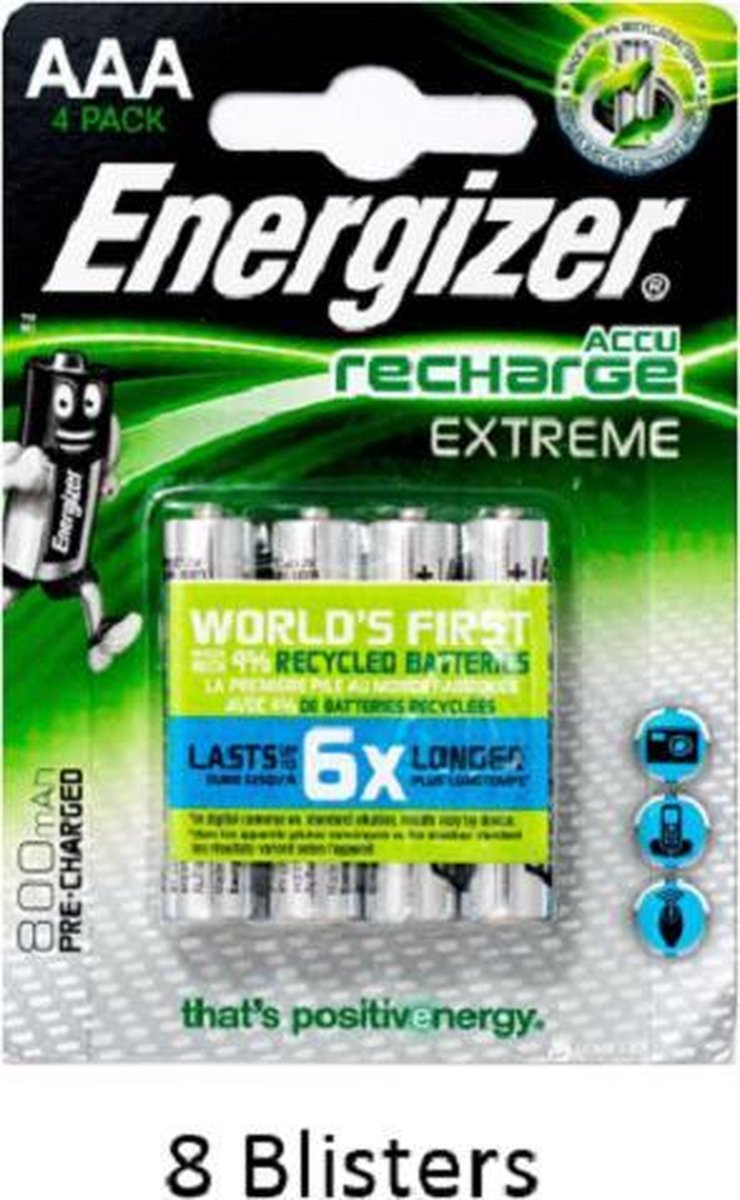 32 stuks (8 blisters a 4 stuks) Energizer Extreme AAA Oplaadbaar 800 mAh