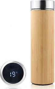 RSQUAD® - Thermosfles met LED scherm -  Drinkfles met temperatuur display  - Travel mug – Dubbelwandige thermofles – Reisbeker met digitale scherm - Bamboe hout