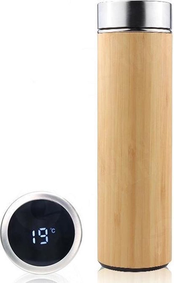 RSQUAD® - Thermosfles met LED scherm -  Drinkfles met temperatuur display  - Travel mug – Dubbelwandige thermofles – Reisbeker met digitale scherm - Bamboe hout