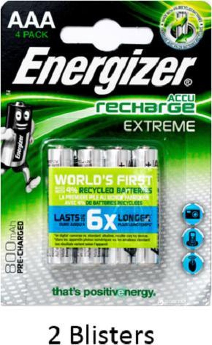 8 stuks (2 blisters a 4 stuks) Energizer Extreme AAA Oplaadbaar 800 mAh
