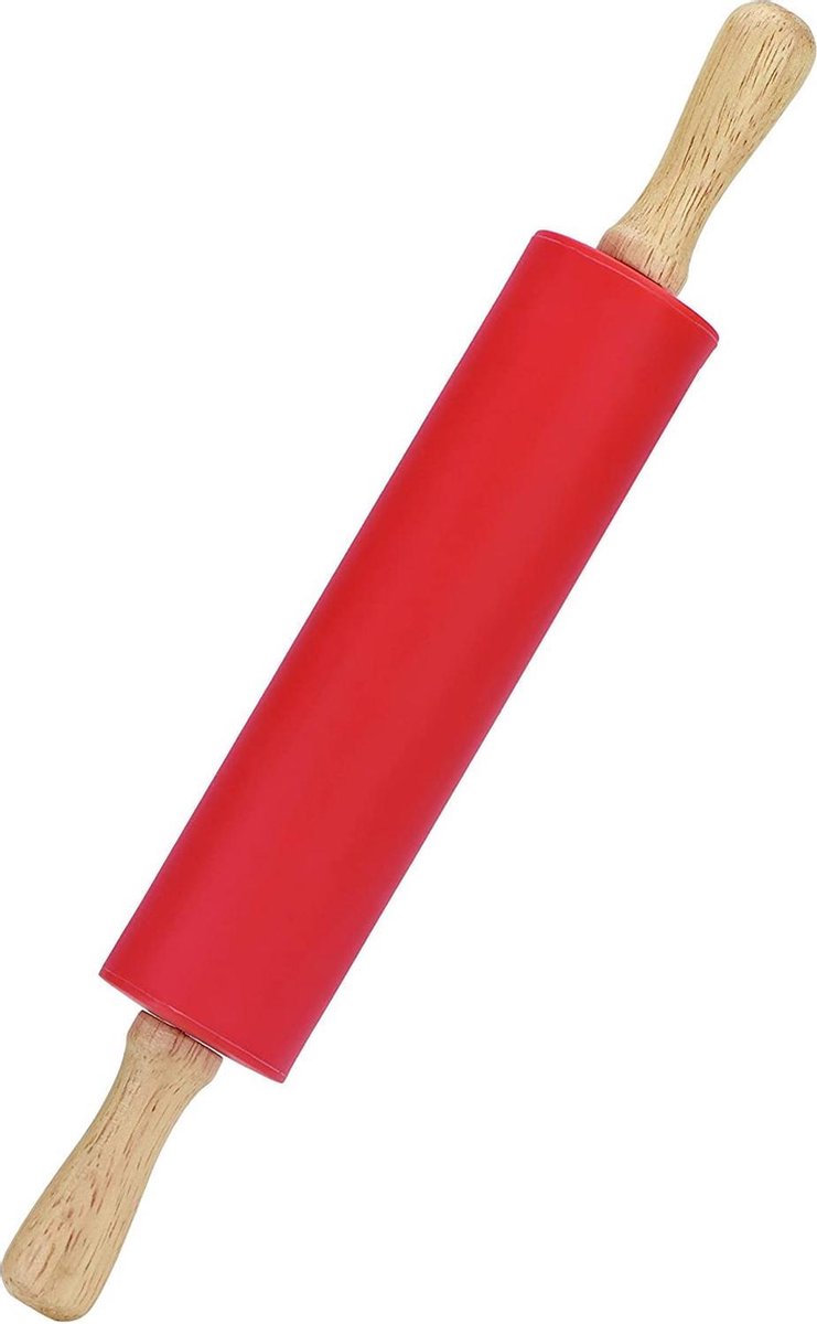 Doodadeals® Deegroller Antikleef – Deegroller Siliconen – Pizza Deegroller – Houten Handvat – Rolstok – Rood