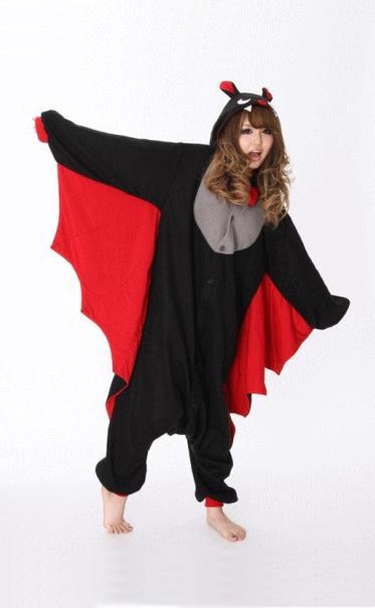 KIMU Onesie vleermuis pakje vampier kostuum - maat XL-XXL - vleermuispak vampierpak jumpsuit huispak halloween