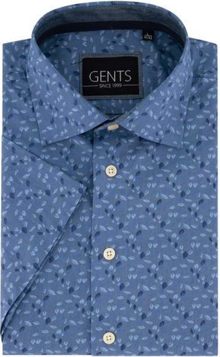 GENTS |  Overhemd Heren Korte Mouw bladprint blauw 0301 Maat M 39/40