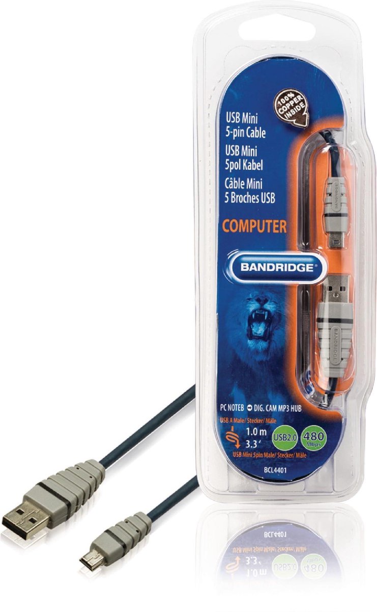 Bandridge USB 2.0 A Male naar USB 2.0 Mini Male - 1 m