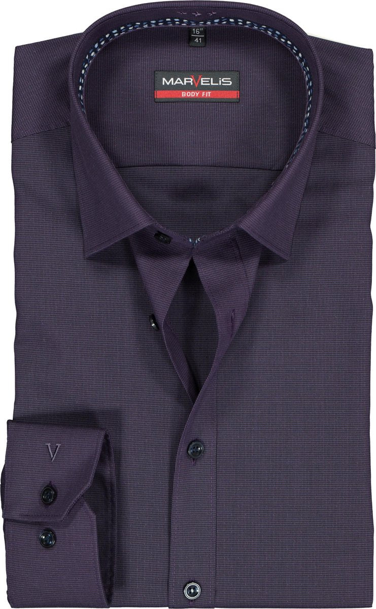 MARVELIS body fit overhemd - paars met zwart super mini pied de poule (contrast) - Strijkvrij - Boordmaat: 39