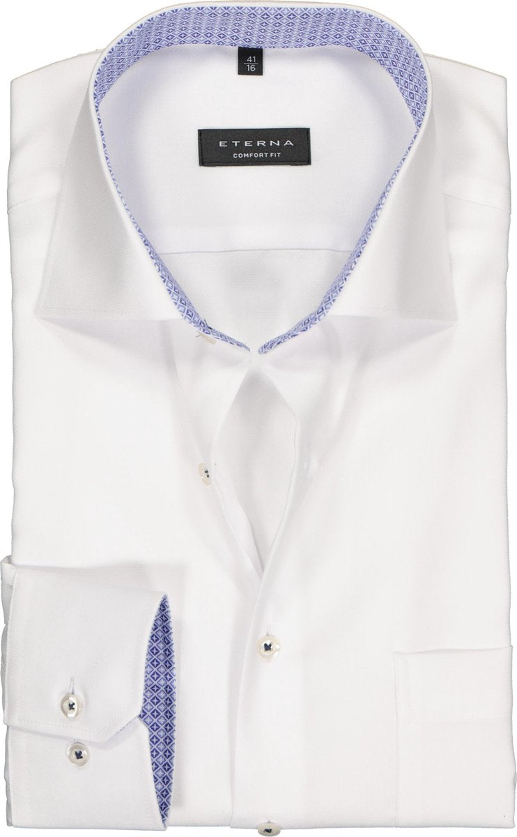 ETERNA comfort fit overhemd - structuur heren overhemd - wit (blauw dessin contrast) - Strijkvrij - Boordmaat: 50