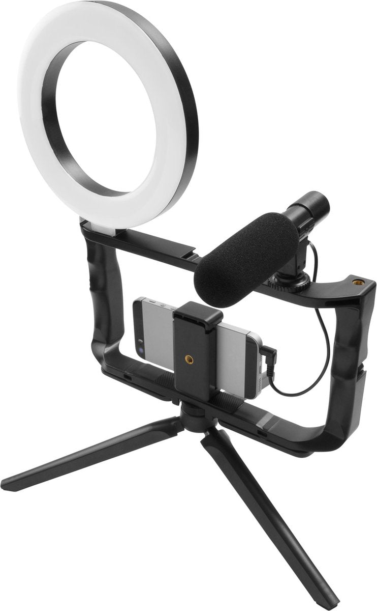 GadgetMonster GDM-1022 Vlogging kit - tripod voor smartphone of camera - frame met 6 inch ring light - inclusief vlogging microfoon