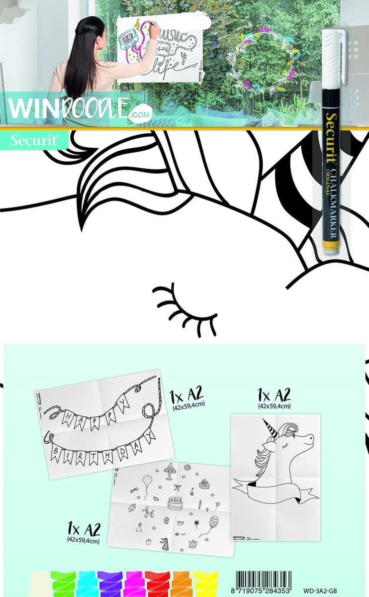 Securit Windoodle A2 Raamdeco-sjabloon met chalkmarker  - FEEST-VERJAARDAG - 3 designs 1000/0077