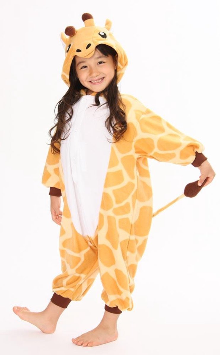 KIMU Onesie giraf kinder pak oranje geel giraffe - maat 146-152 - girafpak jumpsuit pyjama
