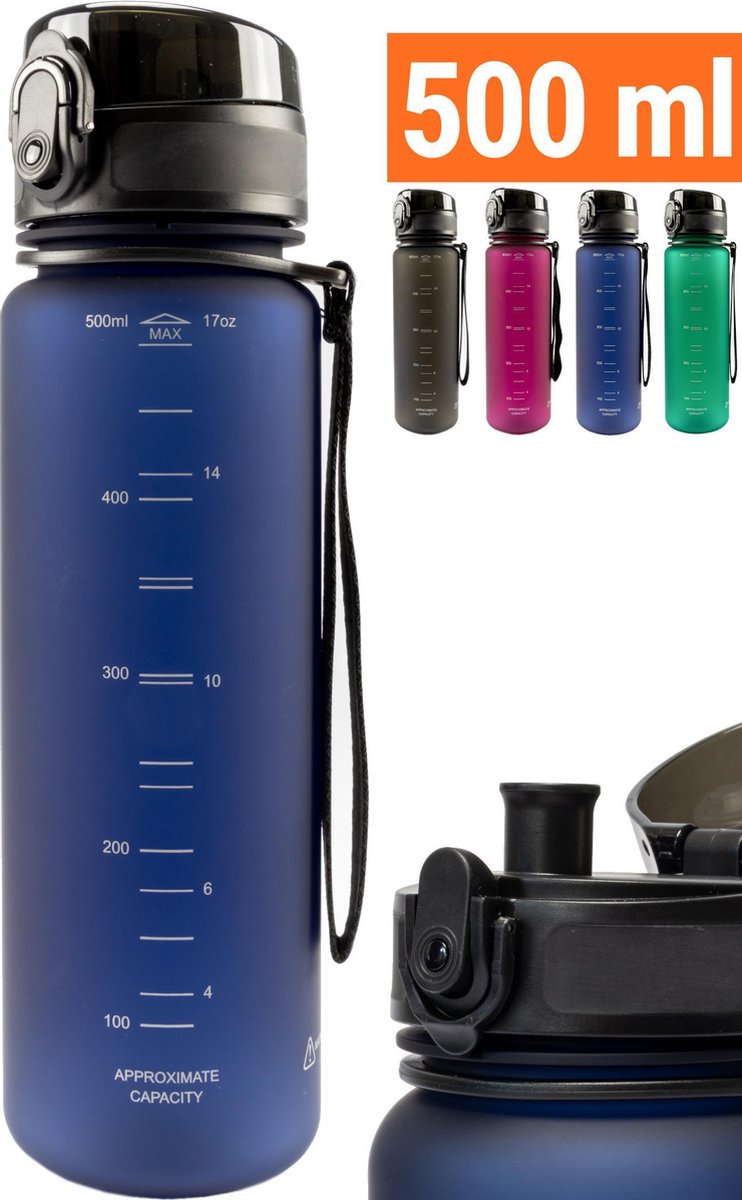 Drinkfles 500ml - Sport Bidon Drinkbus Blauw - BPA vrij Tritan Hoge Kwaliteit - Drinkflessen Volwassenen Kinderen King Mungo