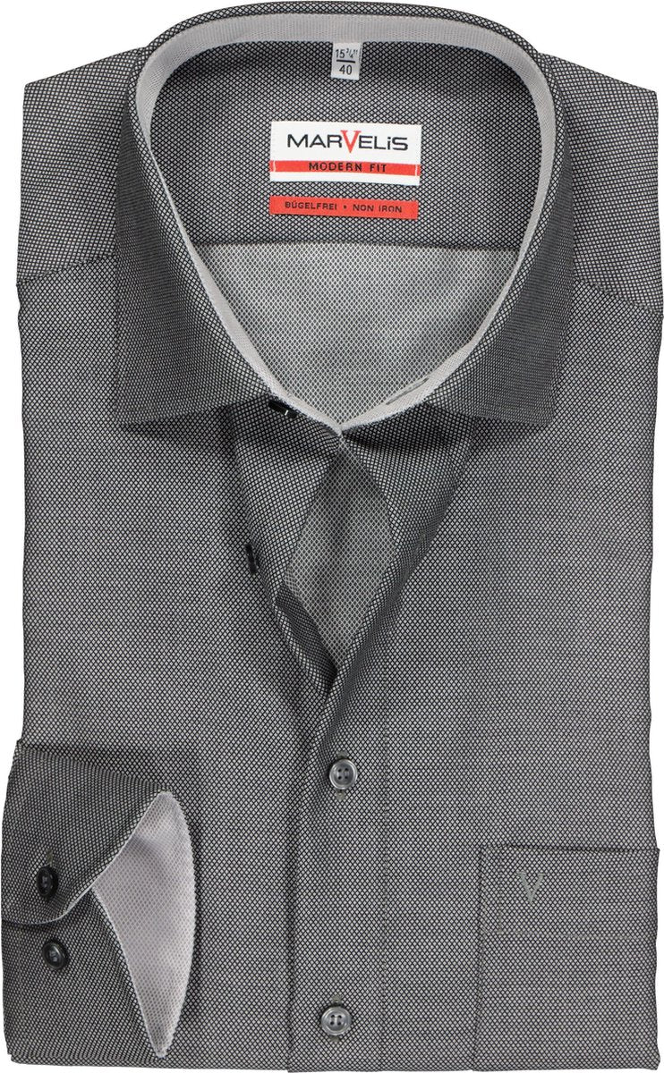 MARVELIS Modern Fit overhemd - zwart structuur (contrast) - Strijkvrij - Boordmaat: 45