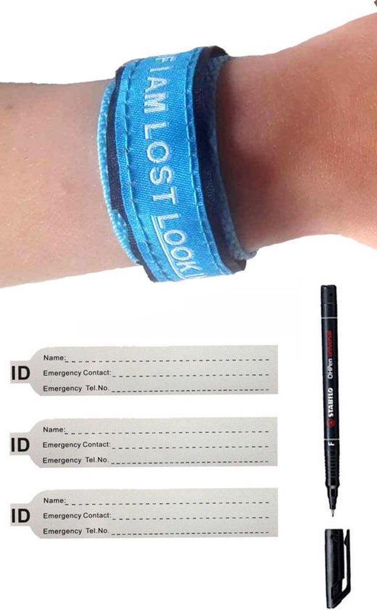 SOS Armband Kind Blauw - Inclusief Pen en Reservekaartjes - Naambandje / ID armband / Sport infobandje / Alarmbandje