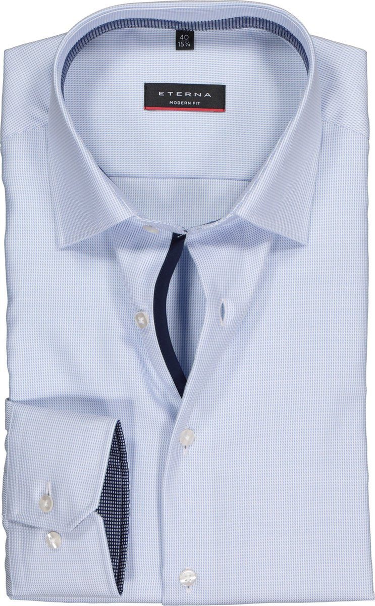 ETERNA modern fit overhemd - twill structuur heren overhemd - lichtblauw (donkerblauw contrast) - Strijkvrij - Boordmaat: 48