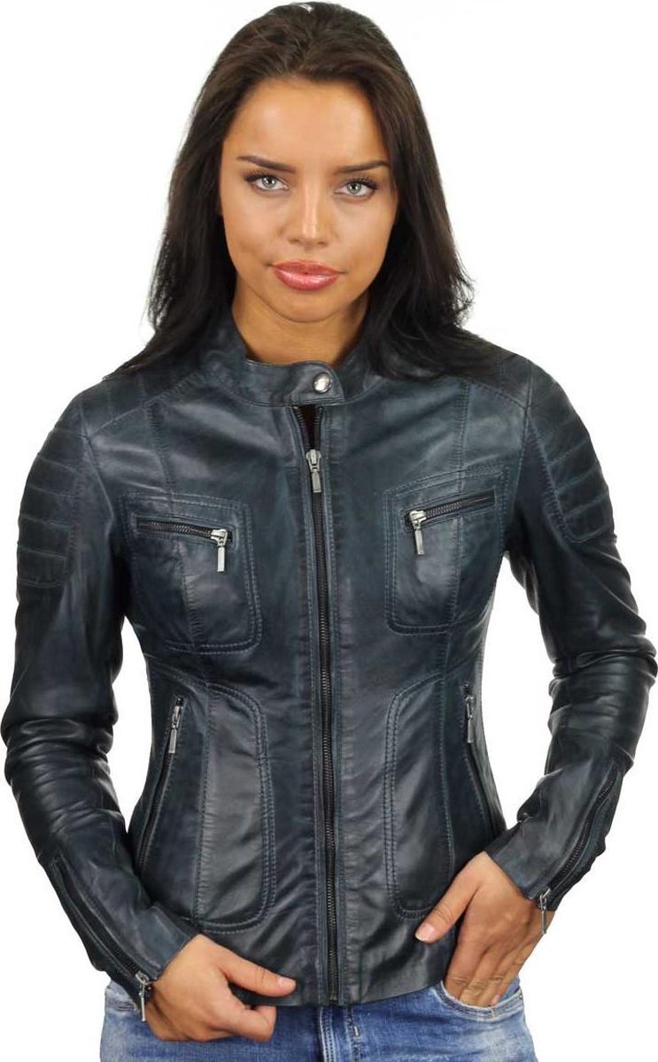 Versano Miami Leren Dames Bikerjack Dames Jas 3XL - Blauw
