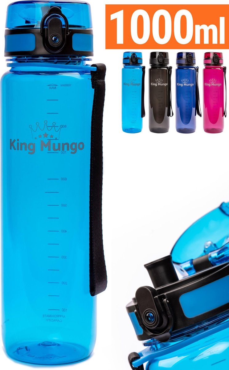 1 Liter Drinkfles - Vaatwasserbestendig - Sport Bidon Drinkbus King Mungo 1000ml Blauw