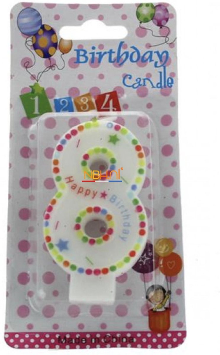 Taartkaars - cijfer 8 - Dots and stars  - Verjaardags kaars