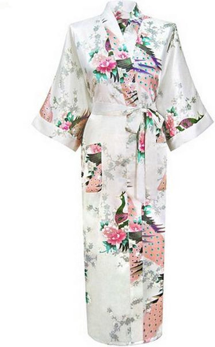 KIMU® kimono wit satijn - maat XL-XXL - ochtendjas yukata kamerjas badjas - boven de enkels