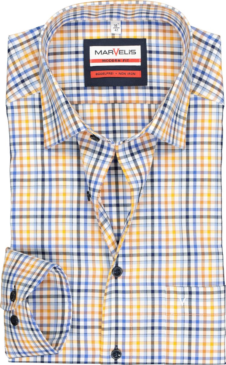 MARVELIS modern fit overhemd - wit met blauw en geel geruit - Strijkvrij - Boordmaat: 38