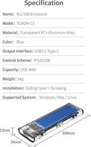 ORICO dual-protocol NVMe M.2 / SATA M.2 SSD behuizing 10Gbps - Blauw