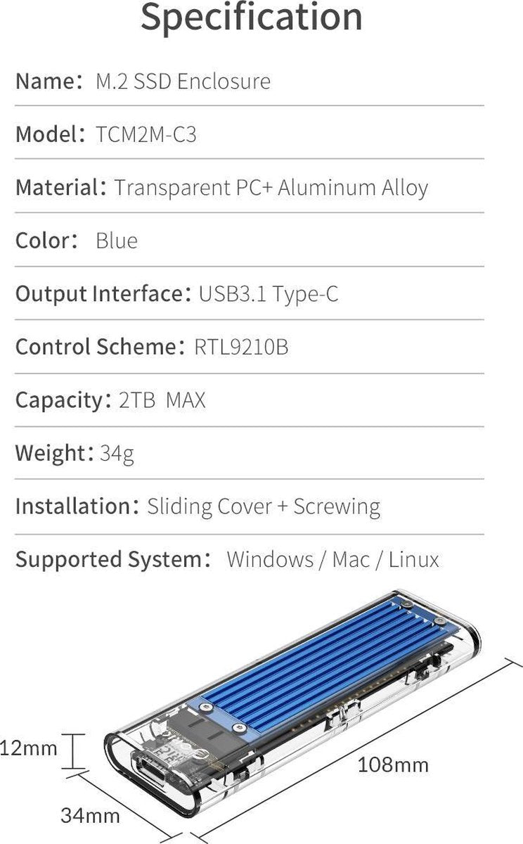 ORICO dual-protocol NVMe M.2 / SATA M.2 SSD behuizing 10Gbps - Blauw