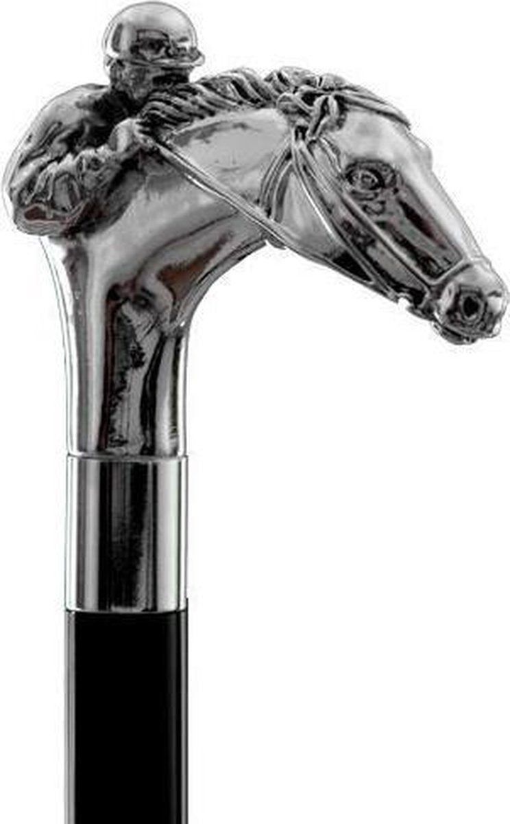 MadDeco - Jockey plus paardenhoofd - Beukenhouten wandelstok met zilver verguld handvat - Italiaans design