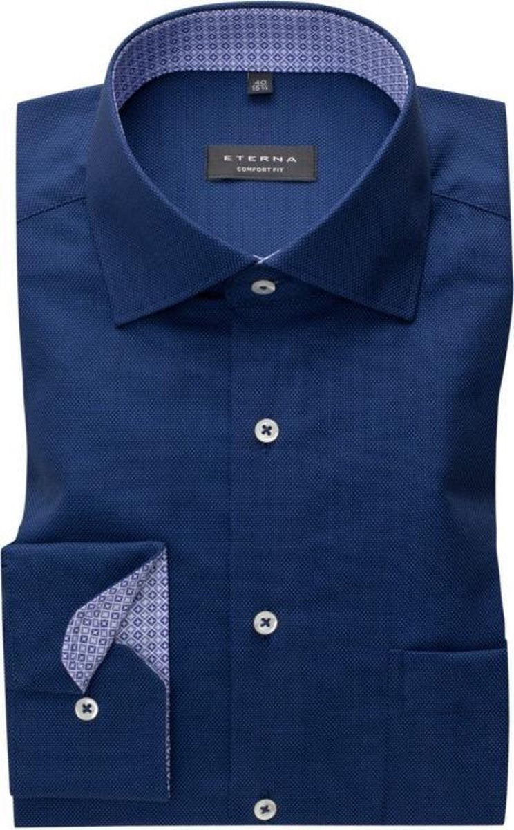 ETERNA comfort fit overhemd - structuur heren overhemd - donkerblauw (blauw dessin contrast) - Strijkvrij - Boordmaat: 48
