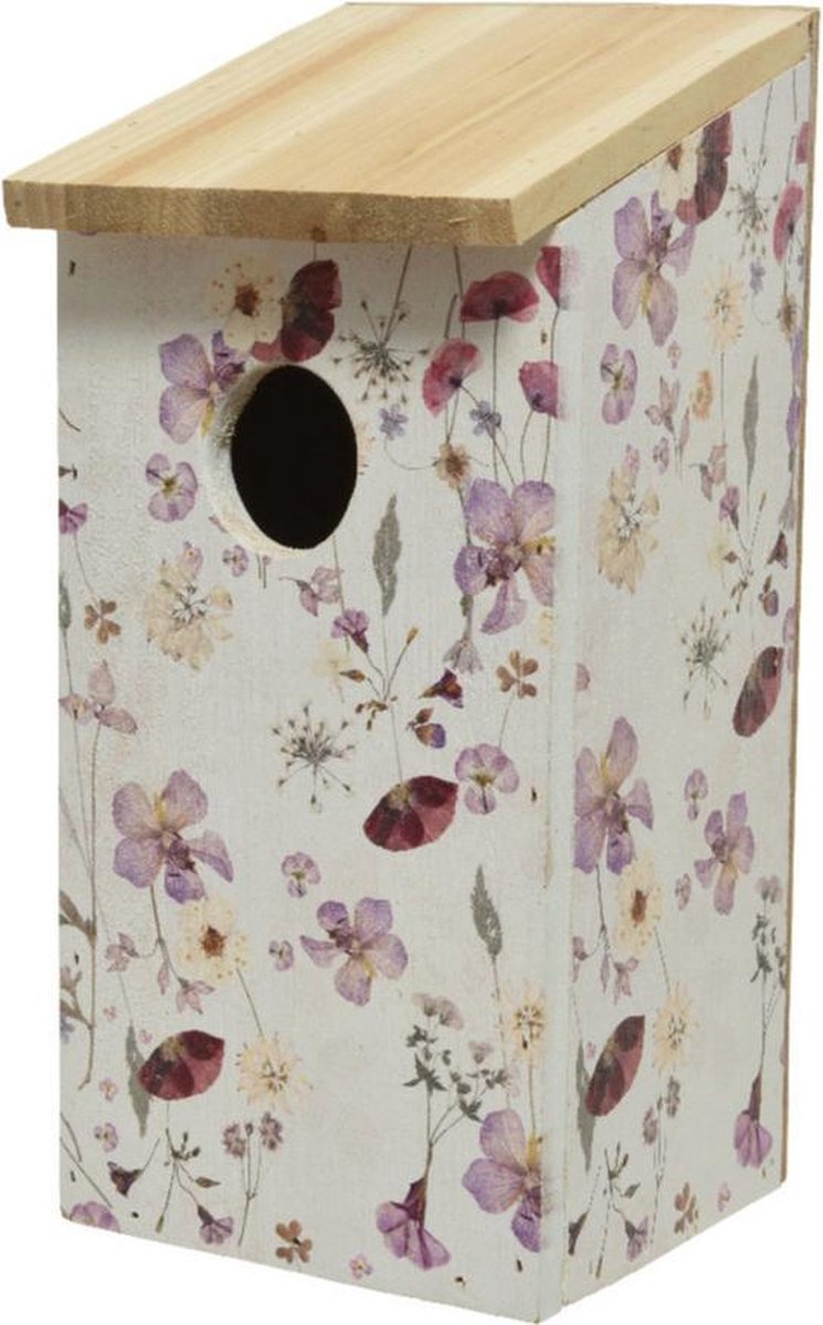 Vurenhouten vogelhuisjes/nestkastjes met bloemen print 12 x 13