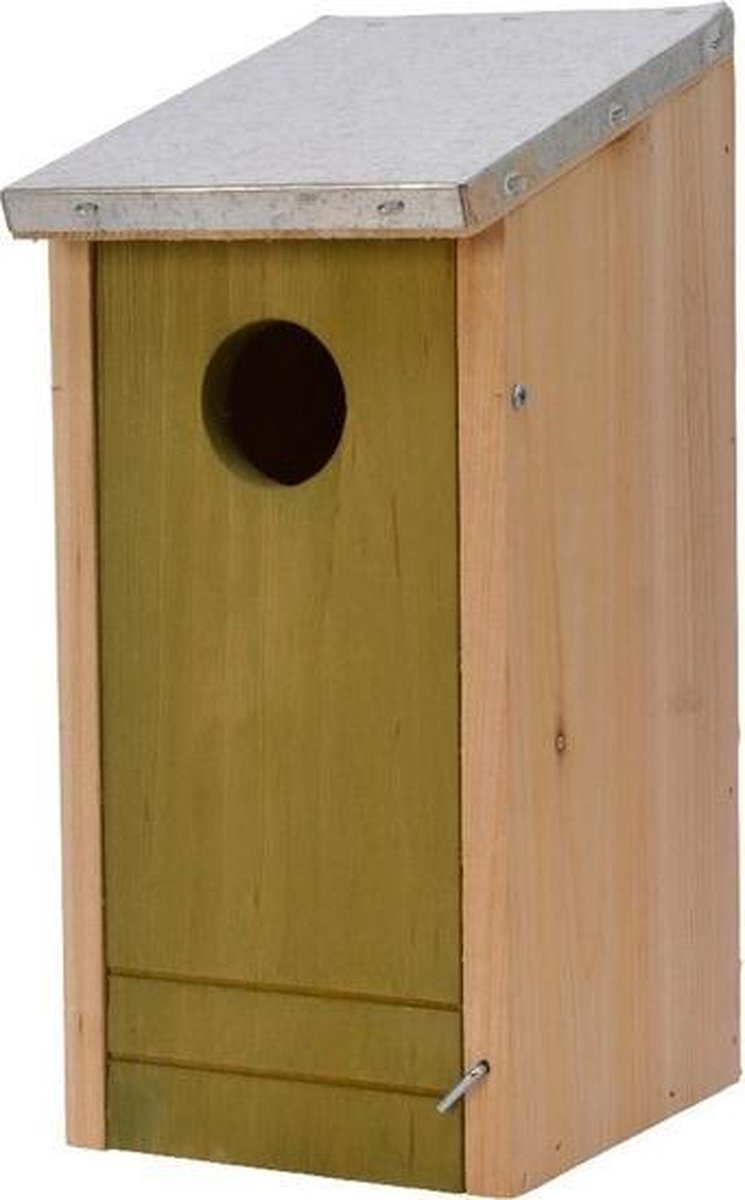 Houten vogelhuisje/nestkastje met lichtgroene voorzijde en metalen dakje 26 cm - Vogelhuisjes tuindecoraties