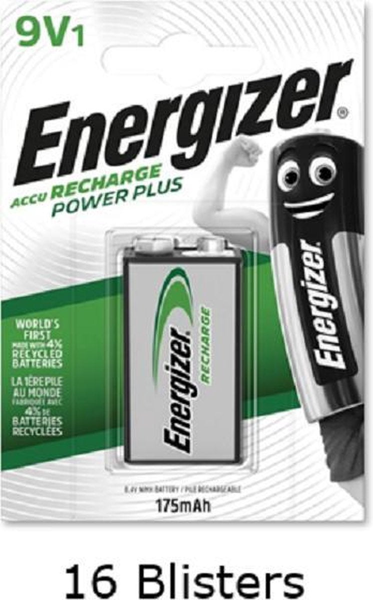 16 stuks (16 blisters a 1 stuk) Energizer 9V batterij oplaadbaar 175 mAh HR22 Rechargeable