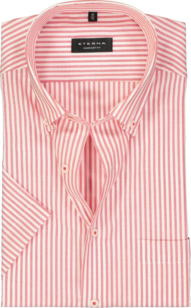 Eterna Comfort Fit overhemd - korte mouw - rood met wit gestreept - Strijkvrij - Boordmaat: 50