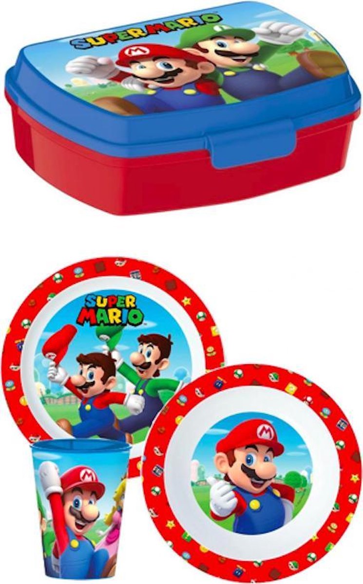 Super Mario 4 delige set - ontbijtset ( bord - kom - beker ) + broodtrommel/brooddoos