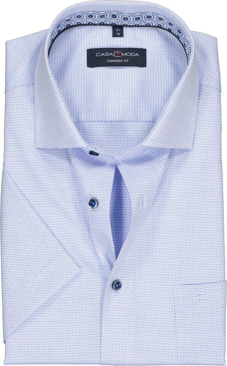 Casa Moda Comfort Fit overhemd - korte mouw - blauw structuur (contrast) - Strijkvrij - Boordmaat: 54