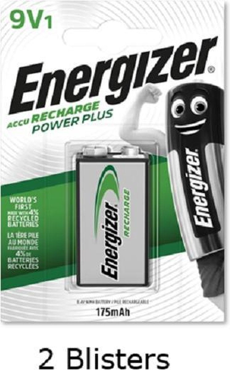 2 stuks (2 blisters a 1 stuk) Energizer 9V batterij oplaadbaar 175 mAh HR22 Rechargeable