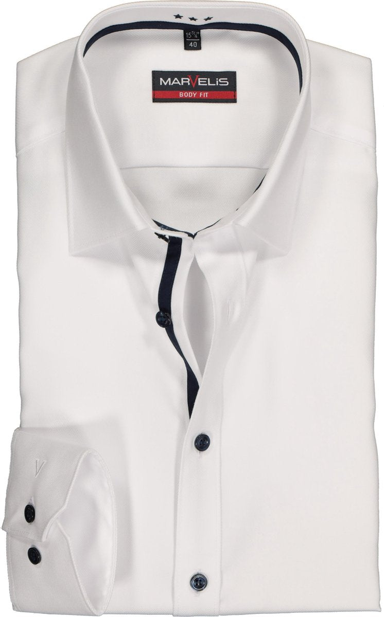 MARVELIS Body Fit overhemd - wit twill (contrast) - Strijkvriendelijk - Boordmaat: 40