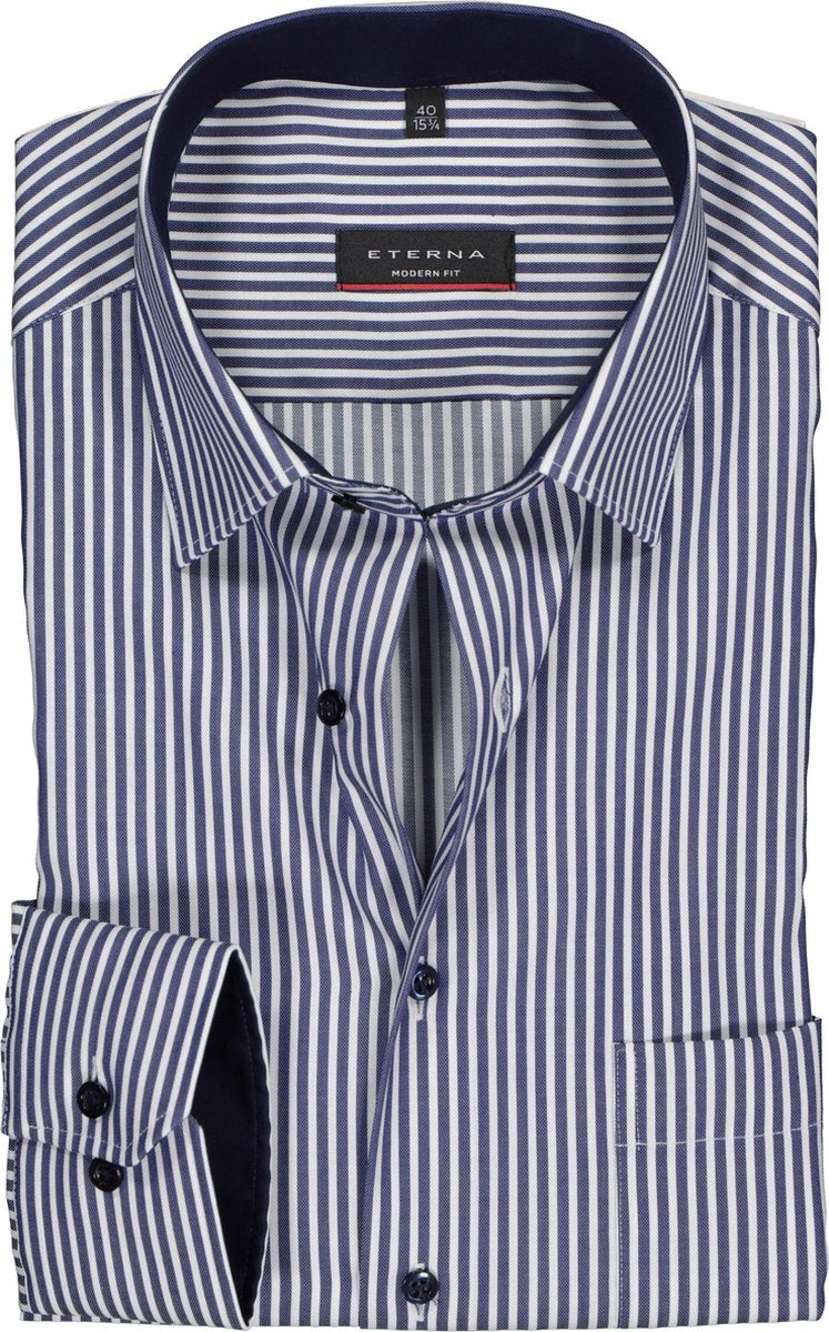 ETERNA modern fit overhemd - twill heren overhemd - blauw met wit gestreept (blauw contrast) - Strijkvrij - Boordmaat: 48