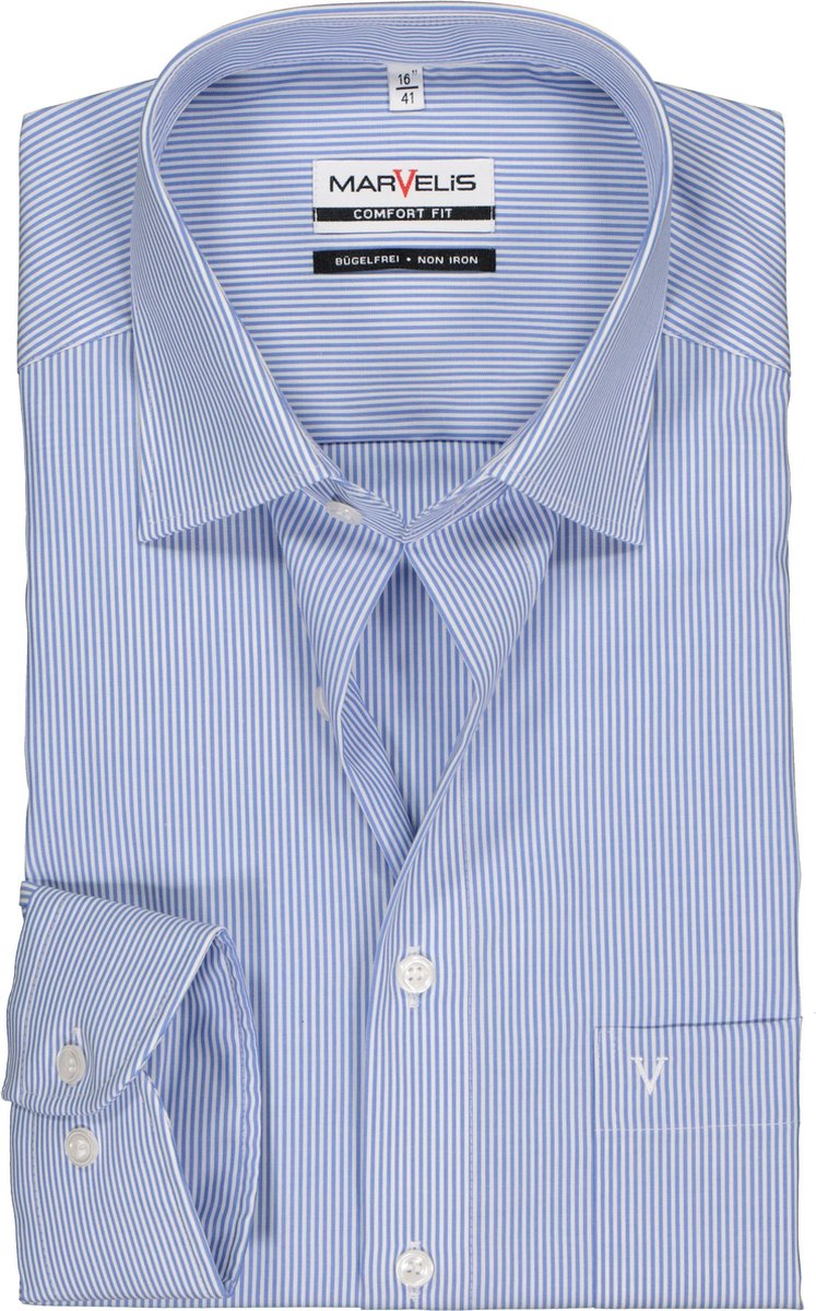 MARVELIS Comfort Fit overhemd - blauw / wit gestreept - Strijkvrij - Boordmaat: 39
