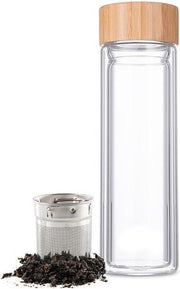 Dubbelwandige Infusiefles - glas/bamboe - 400ml - met RVS Theezeef