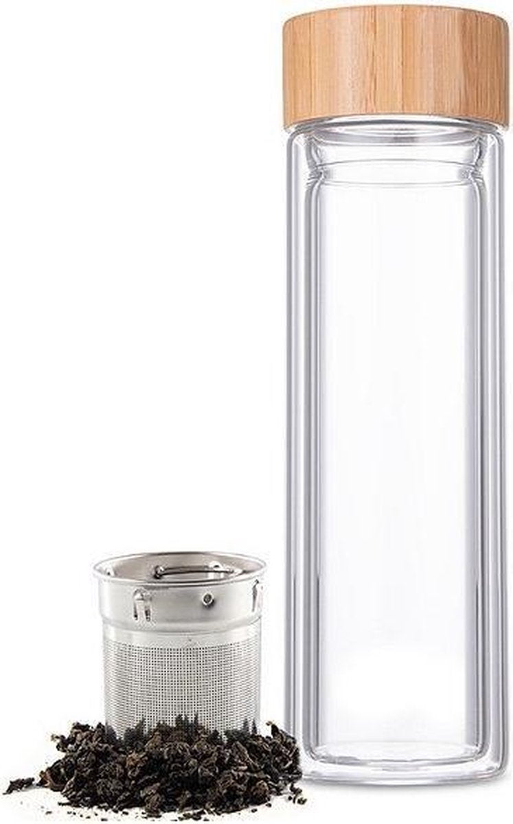 Dubbelwandige Infusiefles - glas/bamboe - 400ml - met RVS Theezeef