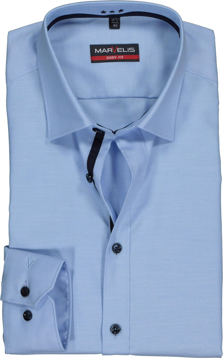 MARVELIS Body Fit overhemd - lichtblauw twill (contrast) - Strijkvriendelijk - Boordmaat: 42