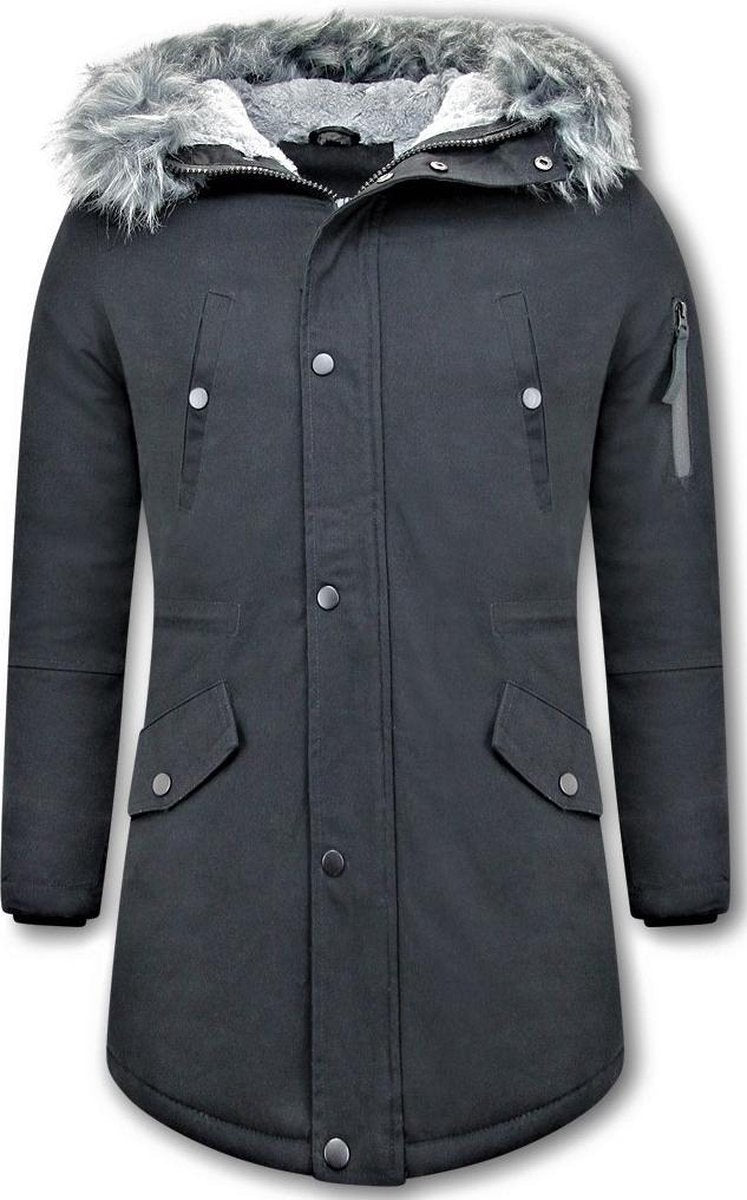 Enos Lange Heren Winterjas – Met Faux Bontkraag – Zwart - Maten: XL