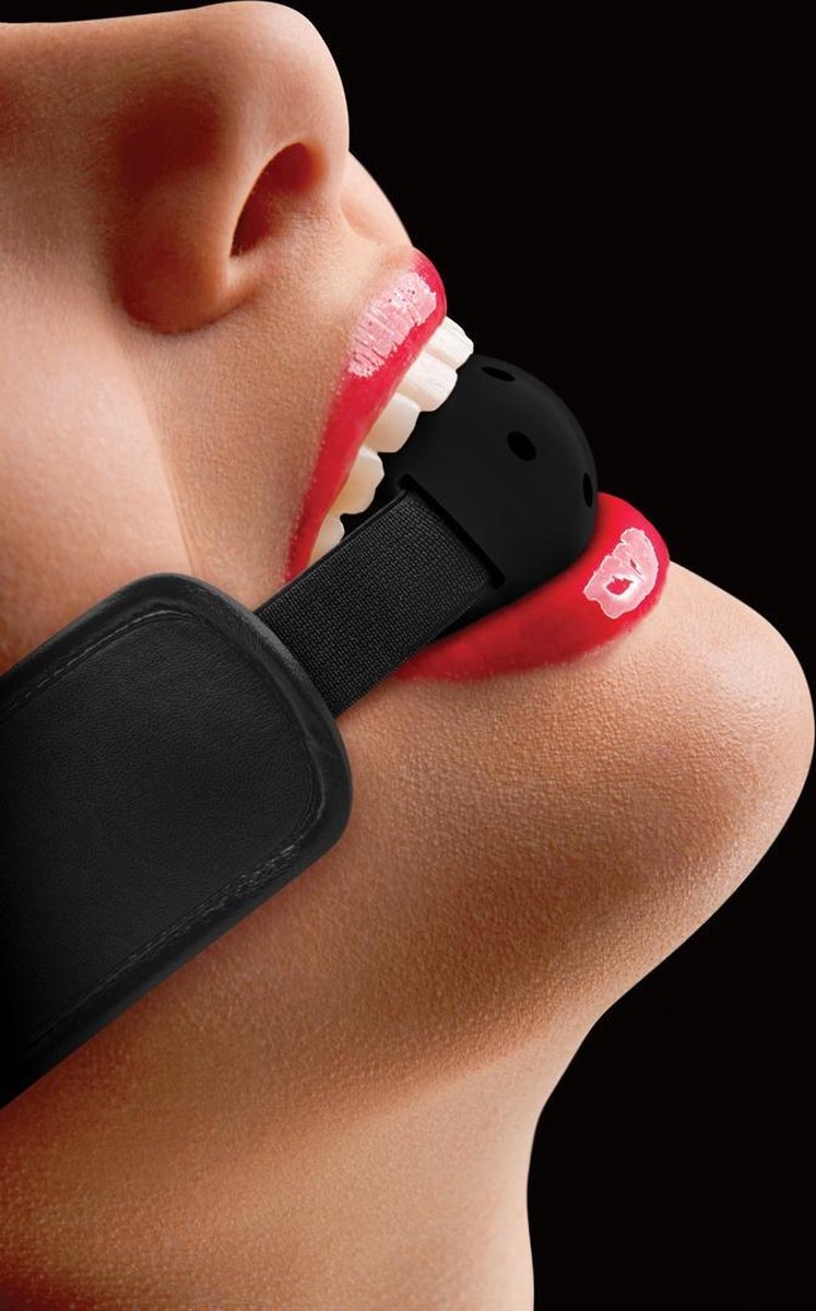 OUCH! – Suède Hals Riem met Ball Gag met Gaten – Zwart