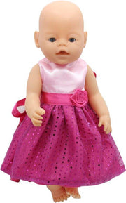 Dolldreams - Poppenkleertjes - Roze jurkje met pailletten en roosje - Jurk past op poppen met lengte van circa 43 cm