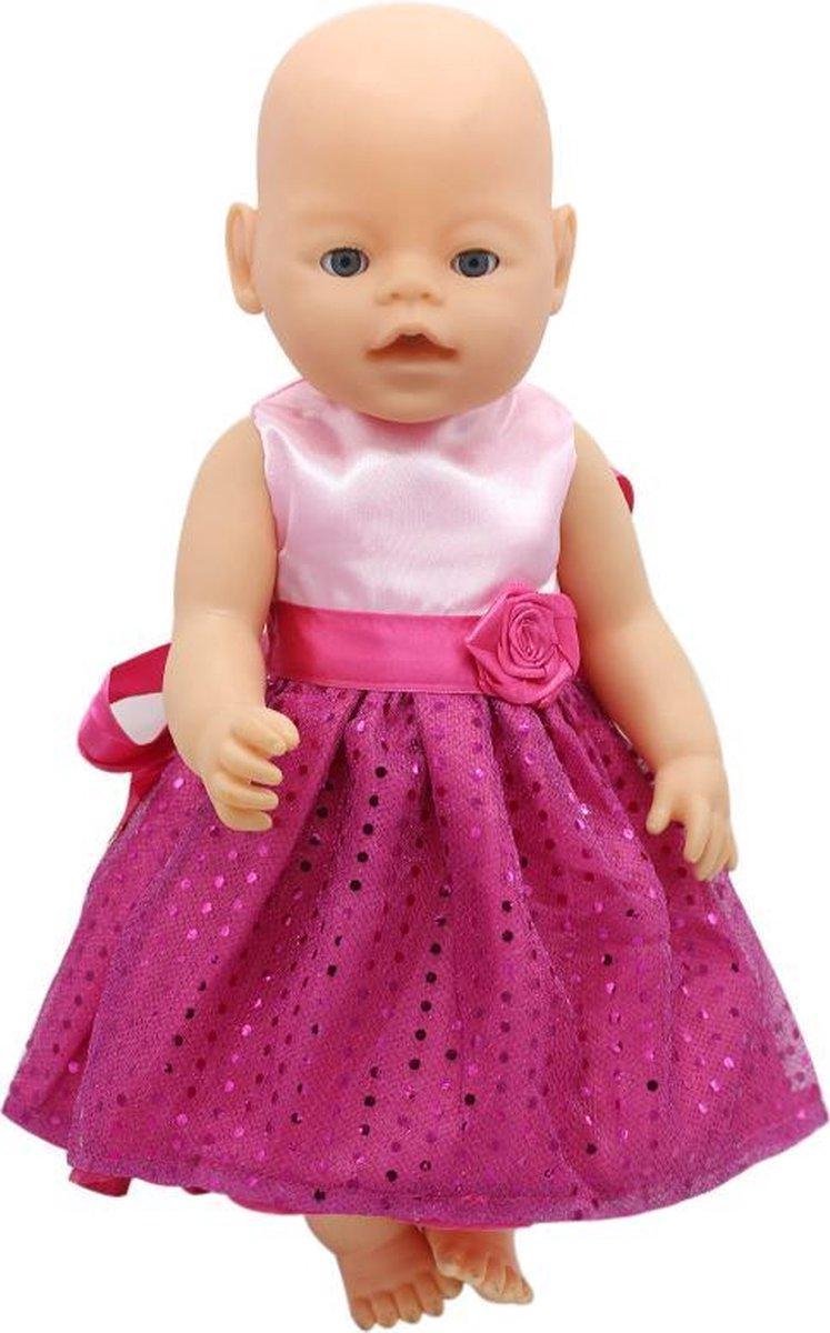 Dolldreams - Poppenkleertjes - Roze jurkje met pailletten en roosje - Jurk past op poppen met lengte van circa 43 cm