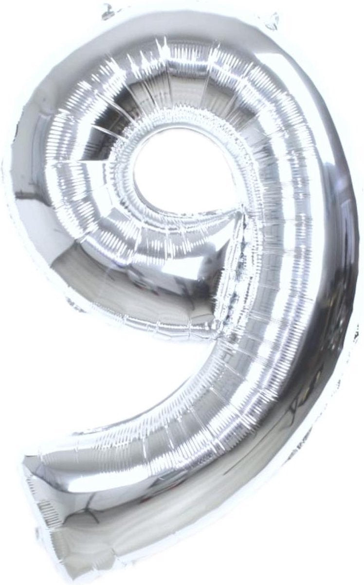 Folie Ballon Cijfer 9 Jaar Zilver 86Cm Verjaardag Folieballon Met Rietje